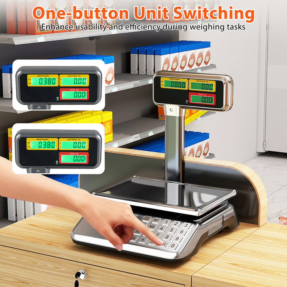 Digital commercial food scale with dual LCD display, 88 lb capacity, and stainless steel platform for accurate.