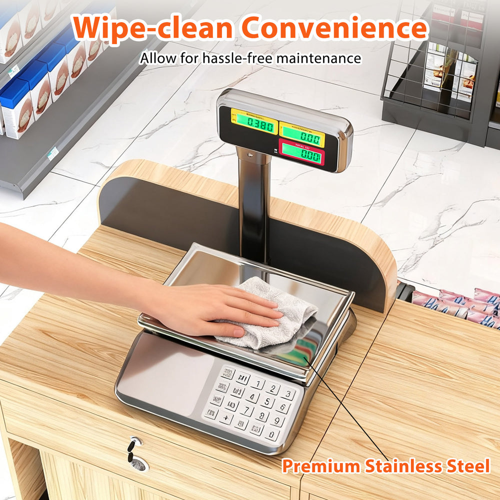Stainless steel 88lb price computing scale with dual LCD display, ideal for farmers' markets and delis, featuring.