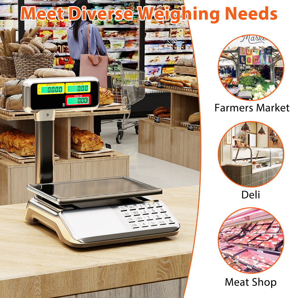 88lb price computing scale with dual LCD display, stainless steel platform, ideal for farmers' market, deli, or meat.