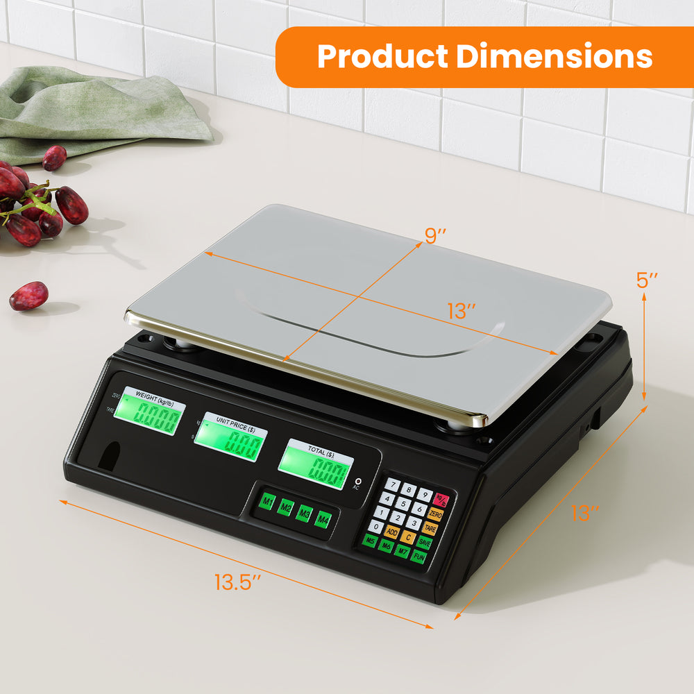 Digital commercial food scale with 88 lb capacity, clear LCD displays, and removable stainless steel platform for easy.