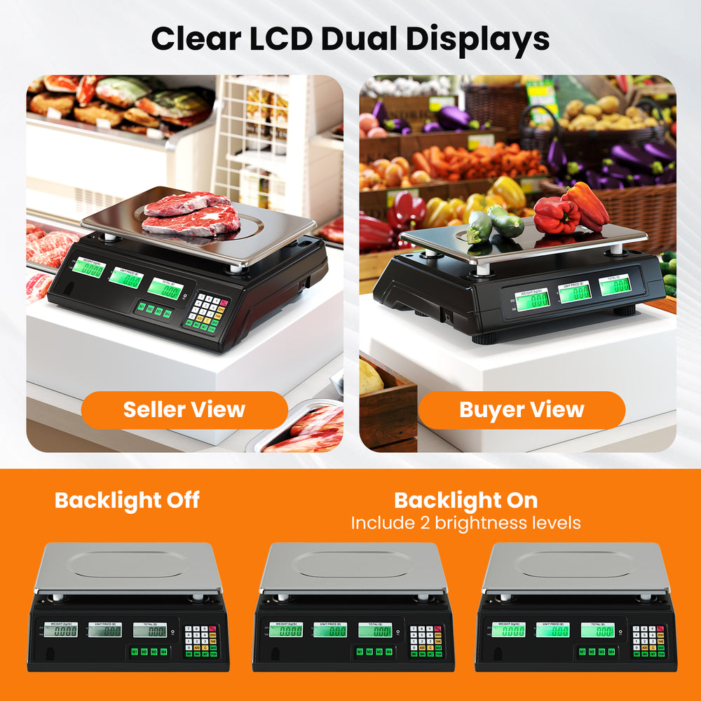 Digital commercial food scale with dual LCD displays, 88 lb capacity, and stainless steel platform for easy cleaning.