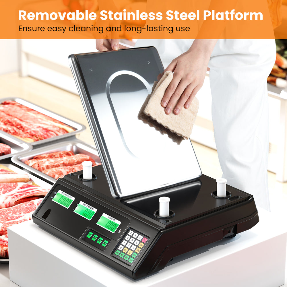 Removable stainless steel platform of the 88lb price computing scale for easy cleaning and long-lasting use.