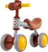 Brown baby balance bike with a cute horse head design, featuring 4 EVA foam wheels for safe indoor and outdoor fun.