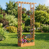 Wooden raised garden bed with trellis and hanging roof, ideal for growing plants and enhancing outdoor spaces.