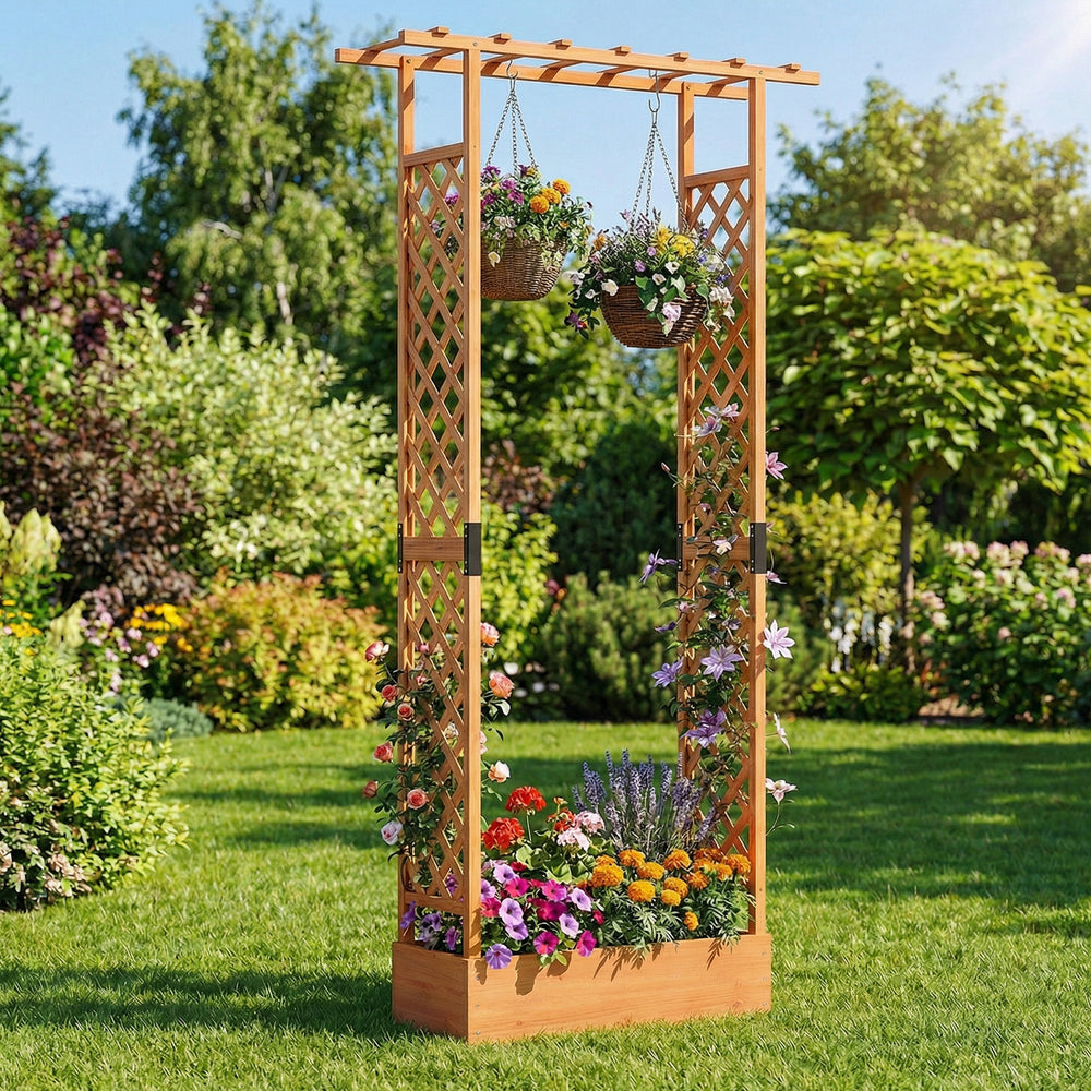89 Inch Tall Wooden Raised Garden Bed with Side Trellis and Hanging Roof Drainage Holes-Orange - Gallery View 1 of 10