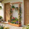 Wooden raised garden bed with trellis and hanging roof, perfect for growing flowers and plants in outdoor spaces.
