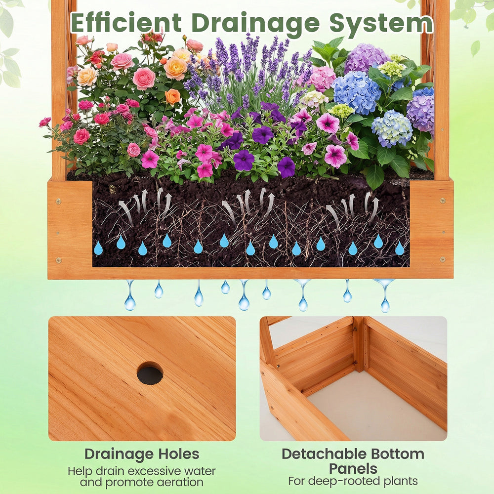 Wooden raised garden bed with drainage holes, side trellis, and removable base for deep-rooted plants, ideal for patios.