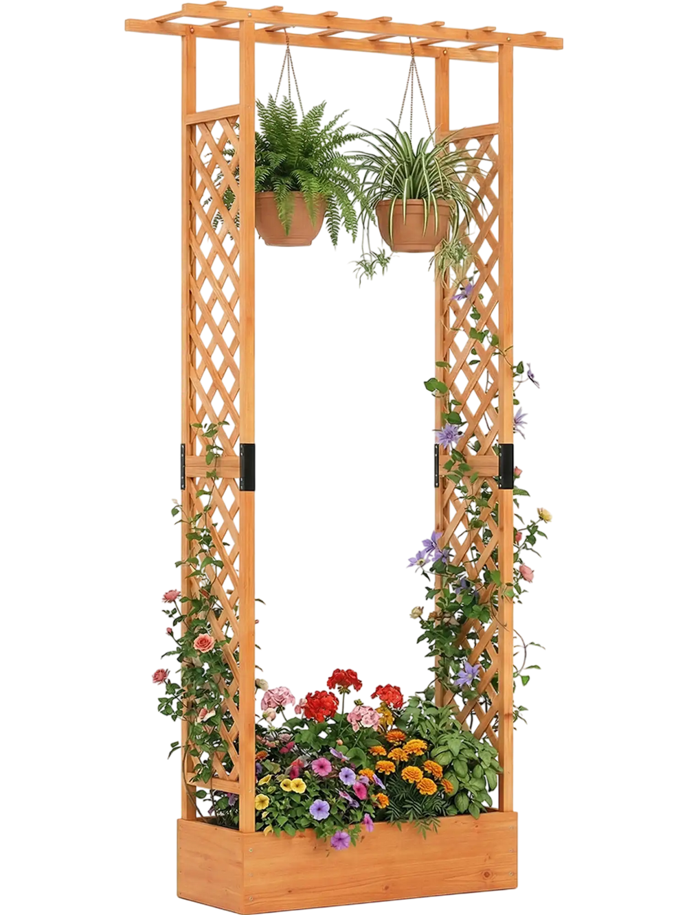 Wooden raised garden bed with trellis and drainage holes, ideal for growing plants and enhancing patios or entryways.