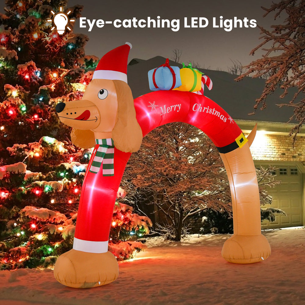 8-foot lighted inflatable Christmas dachshund arch with LED lights and gift boxes, perfect for outdoor holiday decor.