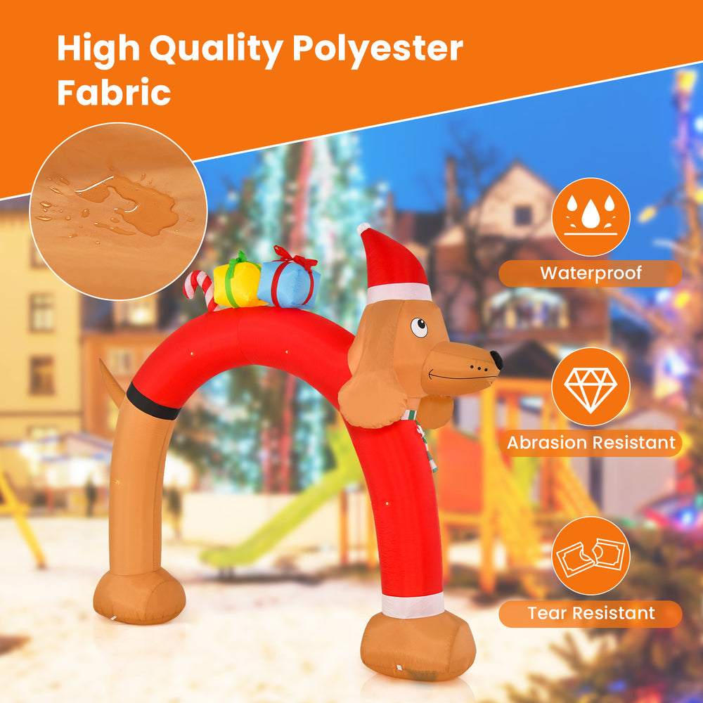 8-foot inflatable Christmas dachshund arch made of waterproof polyester, featuring LED lights and gift boxes for.