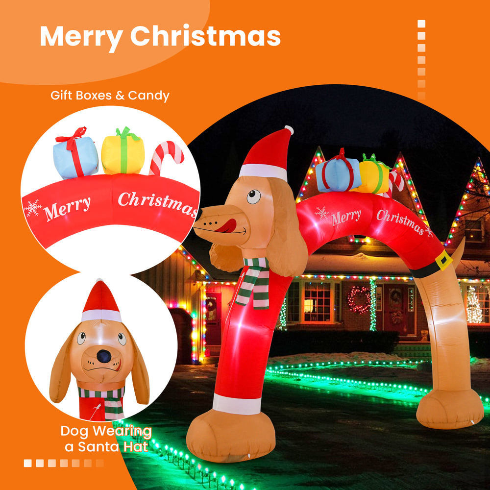 Inflatable Christmas dachshund arch with Santa hat and gift boxes, 8 feet tall, perfect for festive outdoor displays.