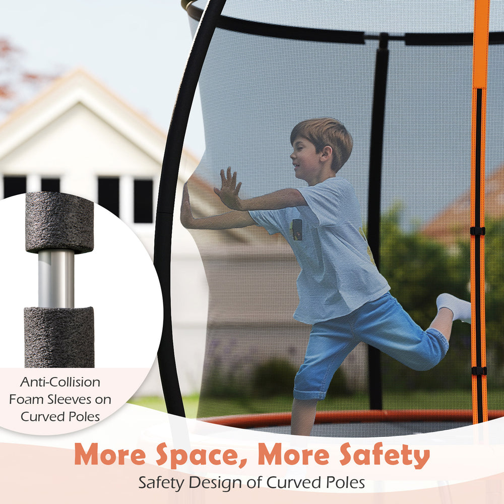 Child playing on the 8FT outdoor trampoline with safety net and curved poles for enhanced stability and safety.
