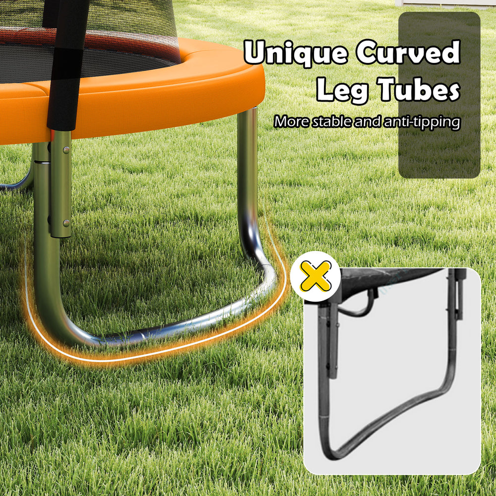 Close-up of the unique curved leg tubes of the 8FT outdoor trampoline, enhancing stability and anti-tipping features.