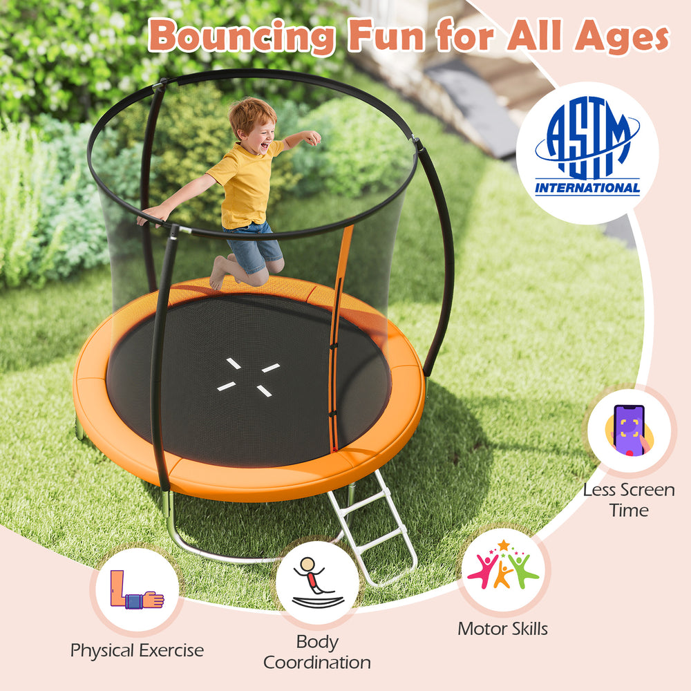 8FT outdoor heavy-duty trampoline in orange with safety net, ladder, and curved poles for stable bouncing fun.