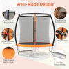 Detailed view of the 8FT outdoor trampoline featuring a safety enclosure net, zipper door, and anti-slip ladder steps.
