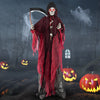 8-foot Halloween Grim Reaper figure with sickle, rugged clothes, and lighted eyes, ideal for creating a spooky.