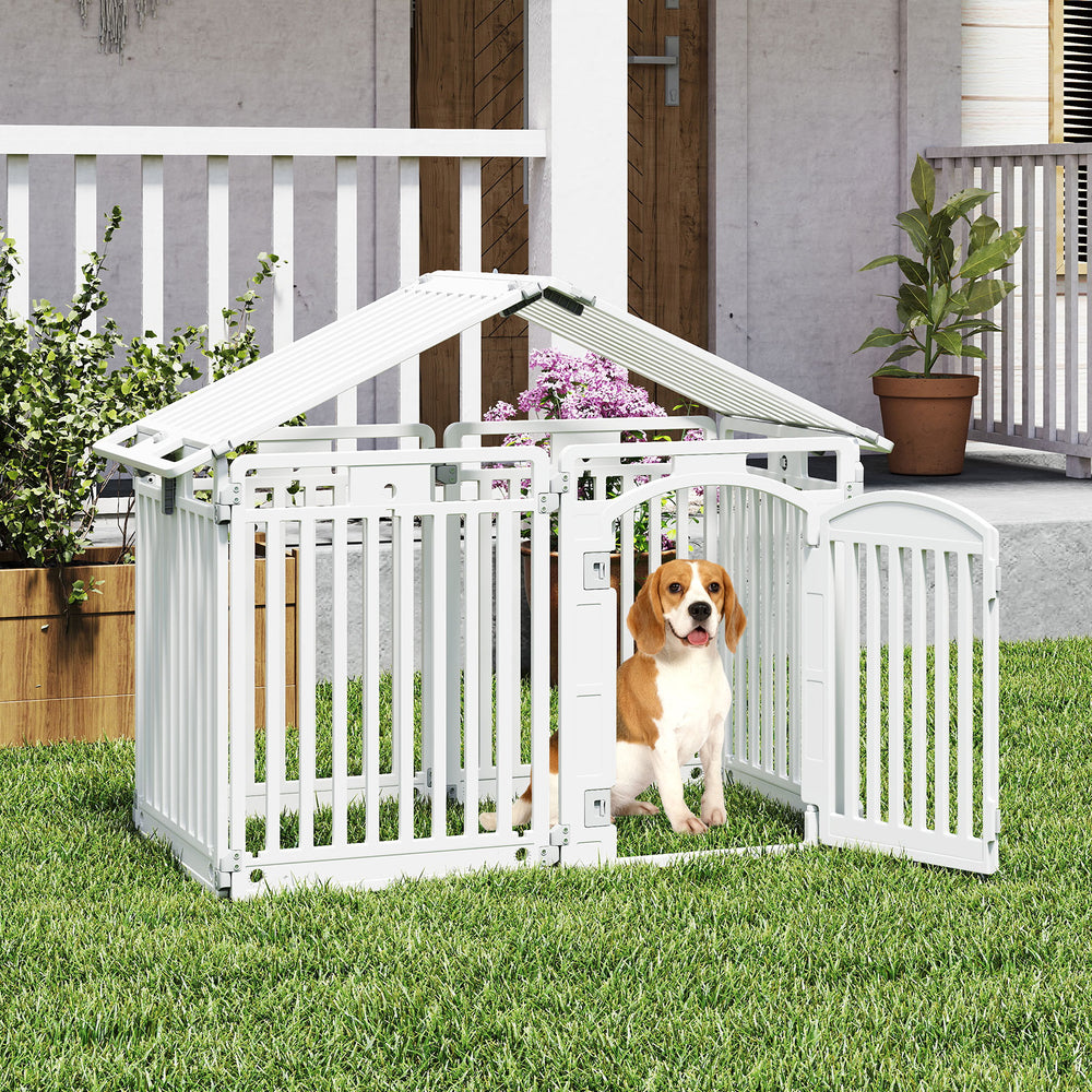 8-panel white plastic dog fence with locking door, ideal for indoor and outdoor pet containment.