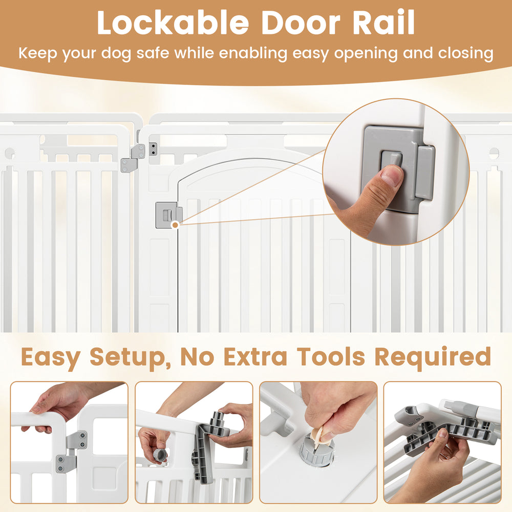 Locking door rail of the 8-panel plastic dog fence, designed for easy opening and closing, ideal for pet containment.