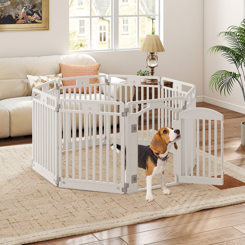 8-panel white plastic dog fence with locking door, crafted from HDPE for indoor and outdoor pet containment.