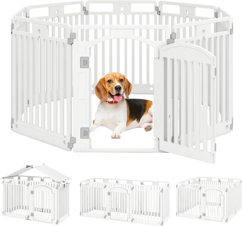 8-panel tall plastic dog fence in white with locking door, ideal for indoor and outdoor pet containment.