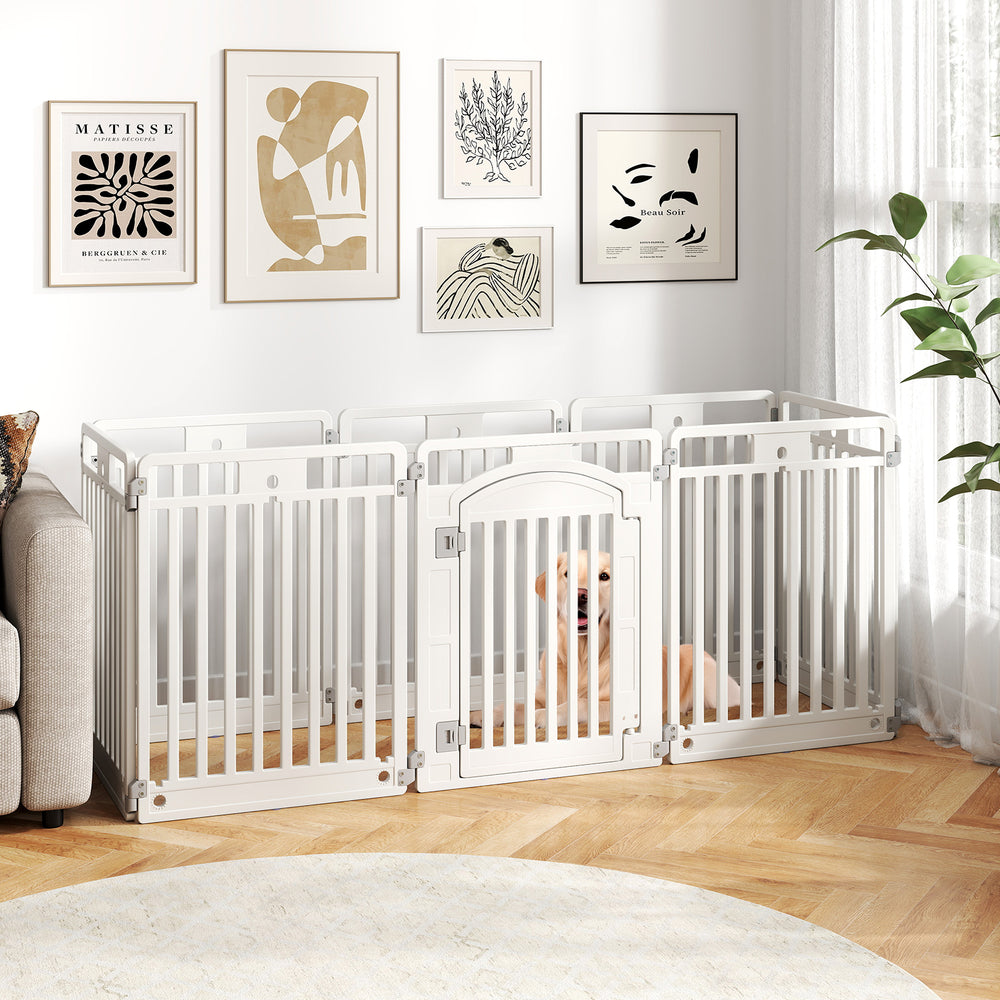 8-panel tall plastic dog fence in white, featuring a locking door, ideal for indoor and outdoor pet containment.