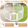 8-panel tall white plastic dog fence with locking door, HDPE material, suitable for indoor and outdoor use.