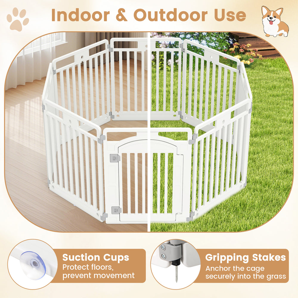 8-panel tall white plastic dog fence with locking door, HDPE material, suitable for indoor and outdoor use.