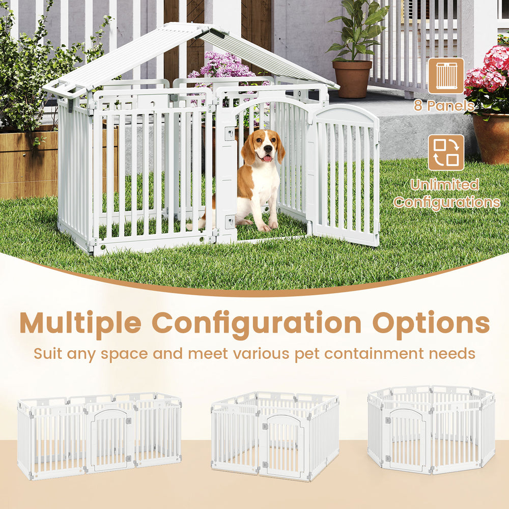 8-panel tall plastic dog fence in white, featuring a locking door and versatile configurations for indoor or outdoor.