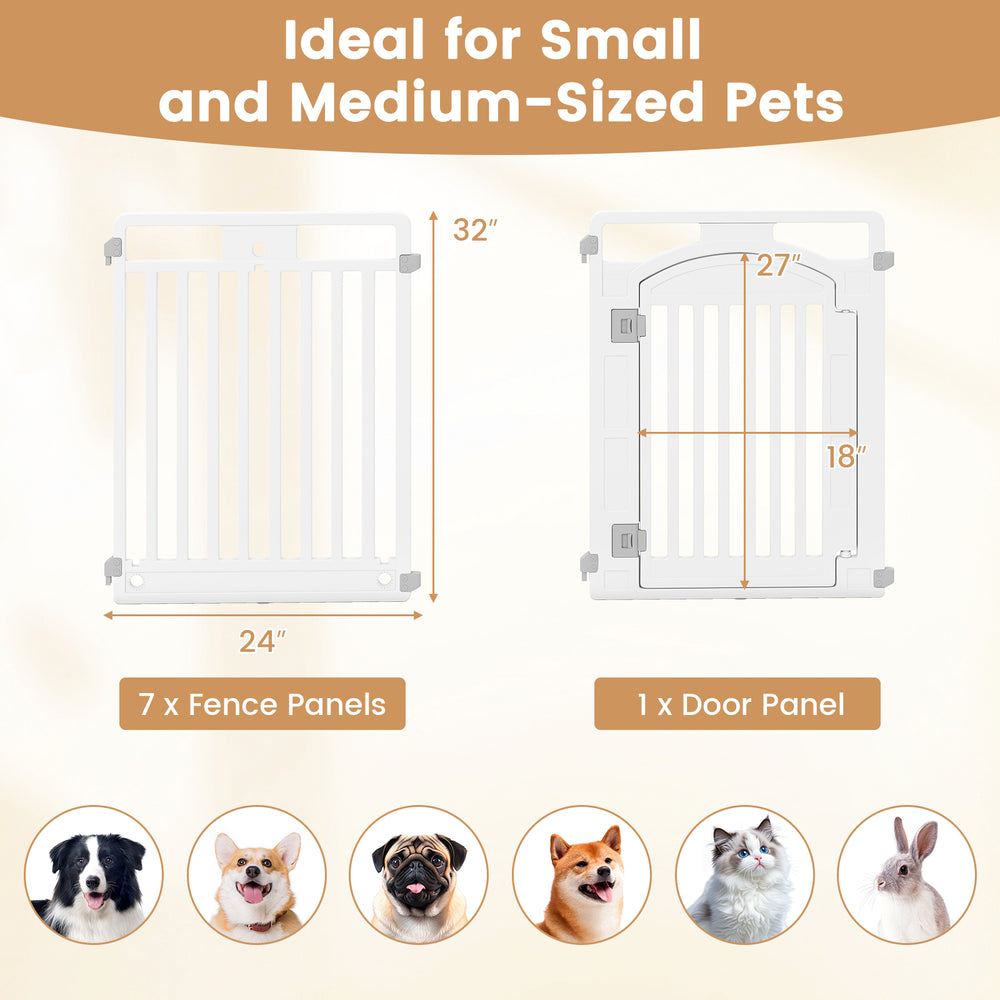 8-panel tall plastic dog fence in white with locking door, ideal for small to medium pets, suitable for indoor and.