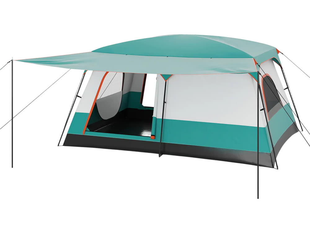 Spacious 8-10 person camping tent in green with double rooms, mesh windows, and a porch for outdoor relaxation.