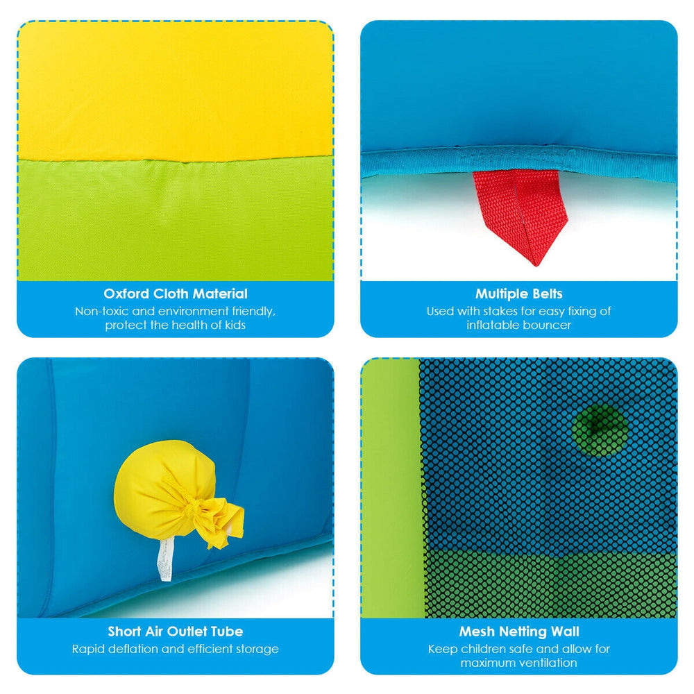 Brightly colored inflatable bounce house water slide with mesh walls for safety, made of durable Oxford cloth material.