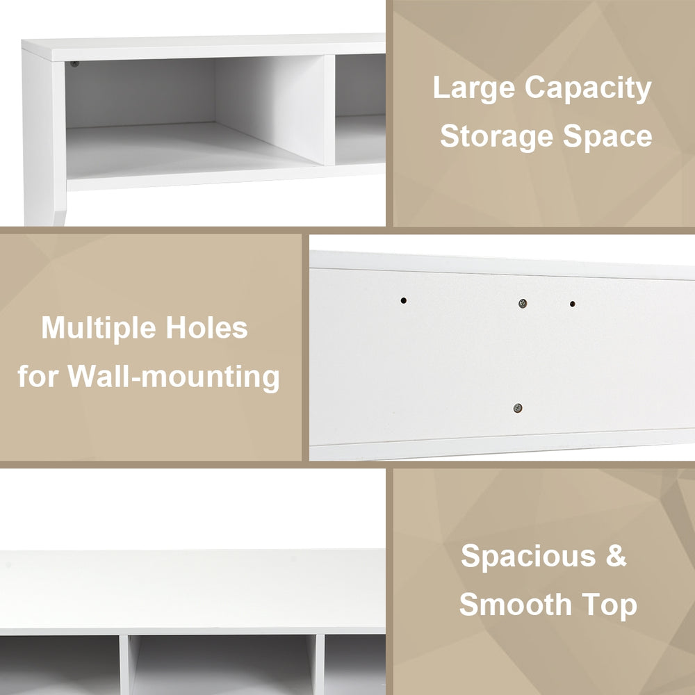 Wall-mounted floating desk in white with large capacity storage compartments, ideal for home or office organization.