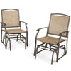 Two patio swing glider chairs with breathable fabric seats and sturdy iron frames, ideal for outdoor relaxation.