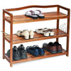 3-tier acacia wood shoe rack with side metal hooks, featuring a sturdy design and removable shelves for versatile.