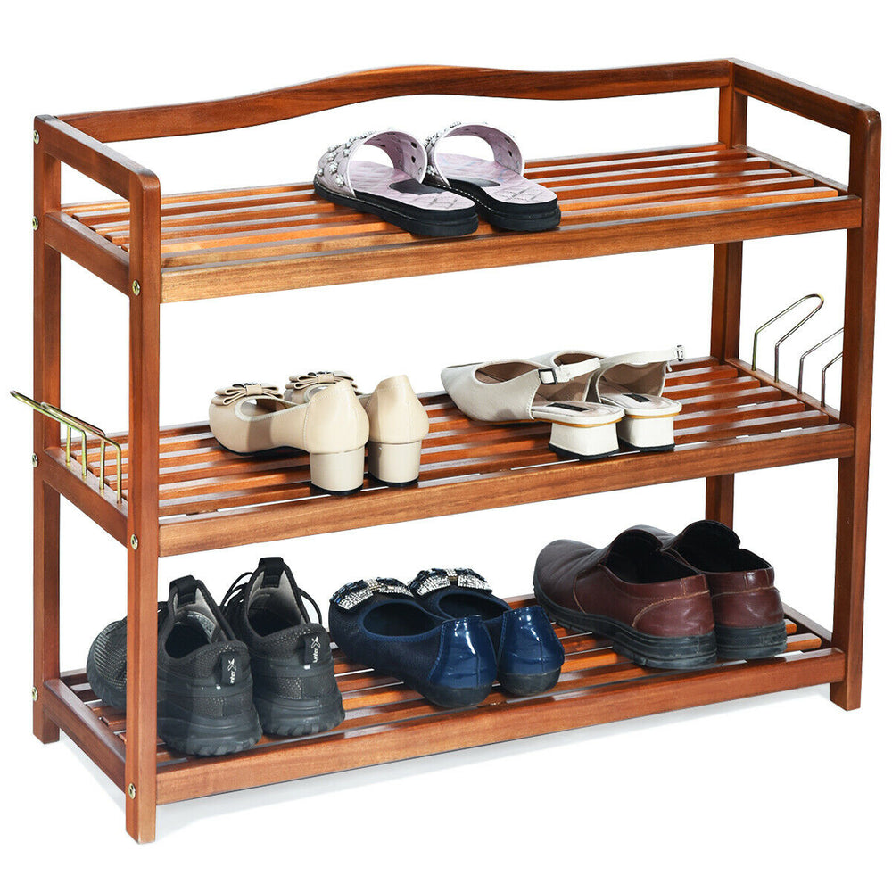 3-tier acacia wood shoe rack with side metal hooks, featuring a sturdy design and removable shelves for versatile.