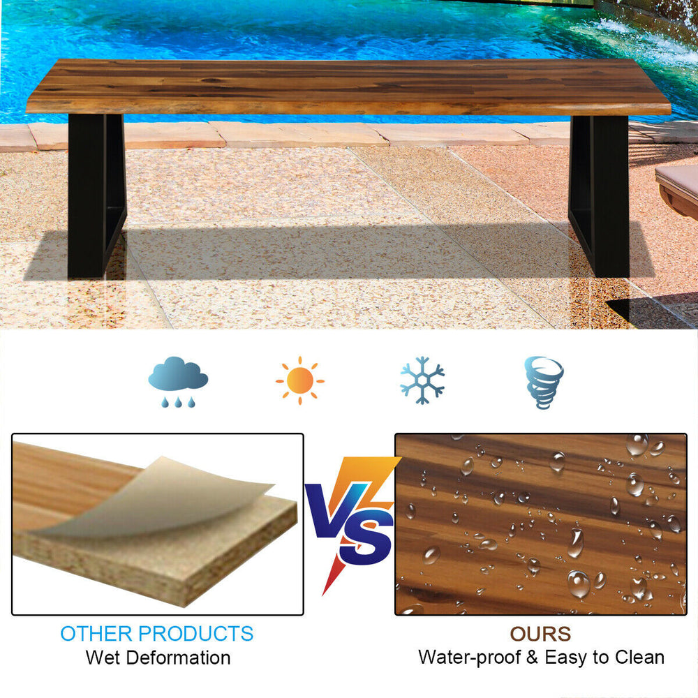 Solid acacia wood patio dining bench with metal legs, waterproof and easy to clean, perfect for outdoor seating.