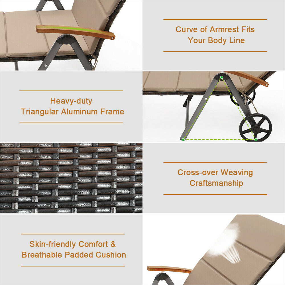 Close-up of the outdoor rattan chaise lounge chair with a heavy-duty aluminum frame and padded cushion for comfort.