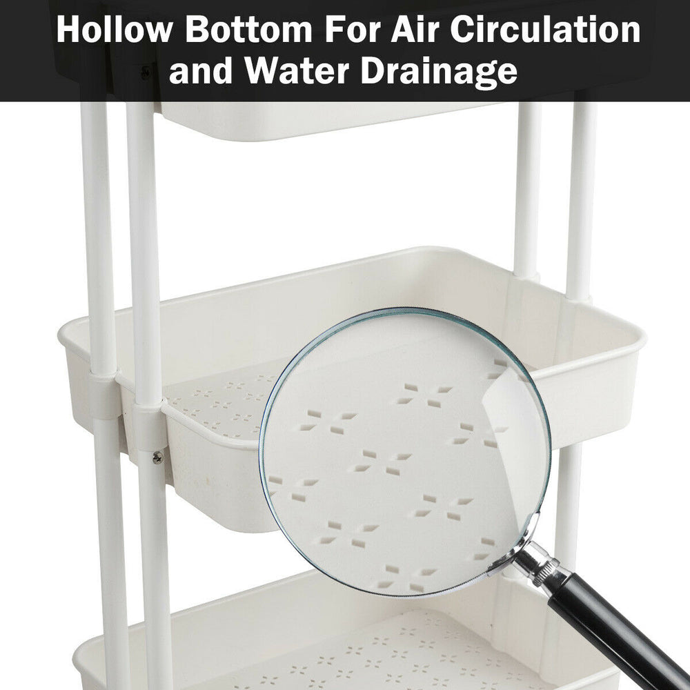 3-tier white utility cart with hollow bottom for air circulation and water drainage, ideal for kitchen or bathroom.