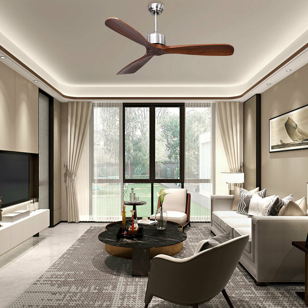 Modern 52-inch ceiling fan with brushed nickel finish and solid wood blades, ideal for enhancing indoor air circulation.