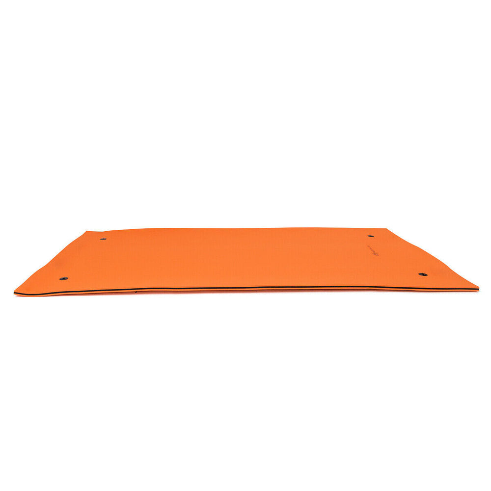 Three-layer orange water floating pad made of eco-friendly XPE foam, perfect for 4-6 people at pools or beaches.