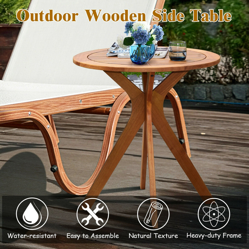 Round solid wood side table with X-shaped legs, waterproof varnish, perfect for outdoor patio or garden use.