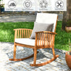 Acacia wood rocking chair with detachable cushions, featuring a sturdy frame and rustic teak color, perfect for outdoor.