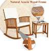 Acacia wood rocking chair with thick cushion and side table, perfect for outdoor patio relaxation and tea time.