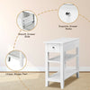 3-tier white nightstand with drawer and double shelves, ideal for narrow spaces, perfect for bedside or living room use.