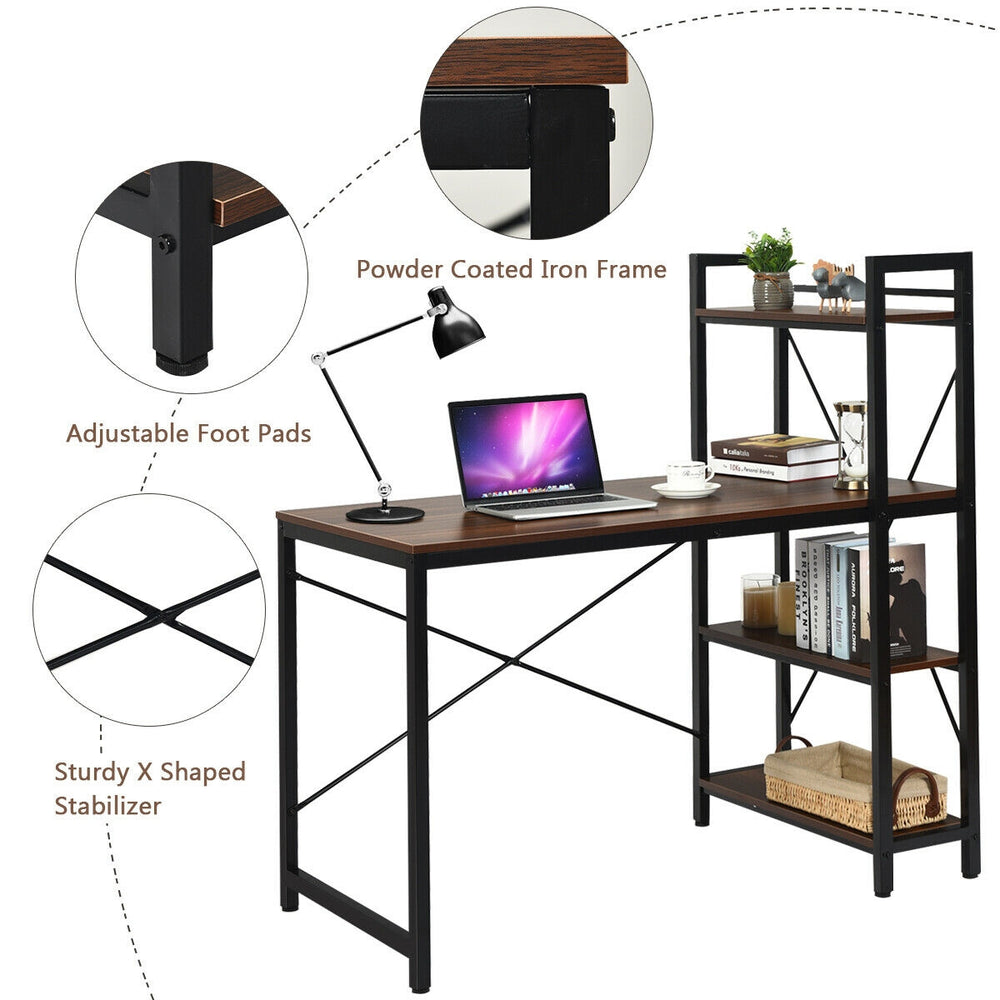 47.5-inch writing desk with 4-tier shelves, adjustable height, and sturdy X-shaped iron frame for home or office use.