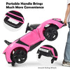 Pink 12V RC electric vehicle with a portable handle, featuring smooth rolling wheels and parental control mode.