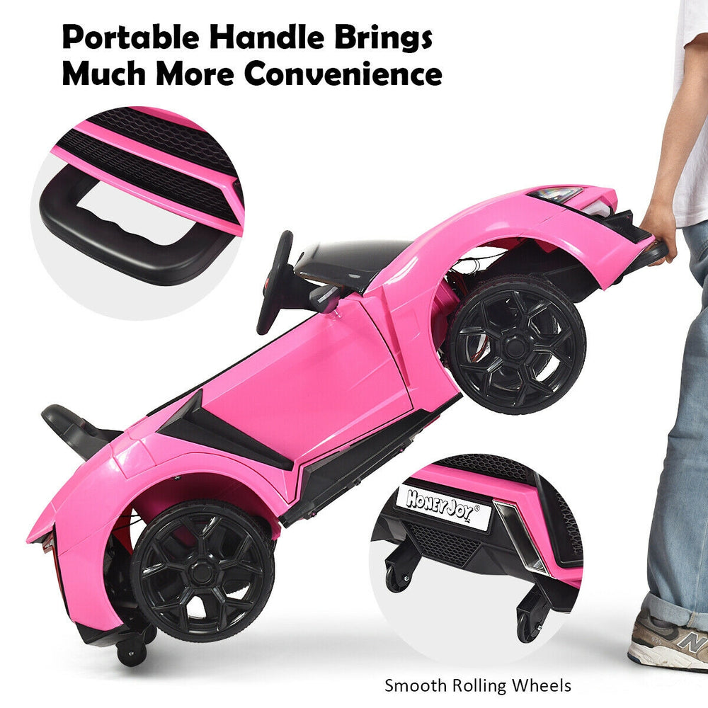 Pink 12V RC electric vehicle with a portable handle, featuring smooth rolling wheels and parental control mode.