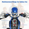 Close-up of the 6V 3 Wheel Kids Motorcycle in blue, featuring a realistic dashboard and multifunctional controls for.