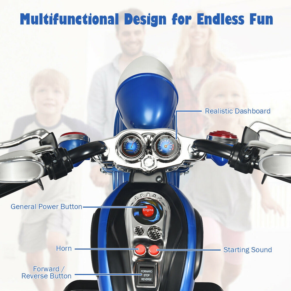 Close-up of the 6V 3 Wheel Kids Motorcycle in blue, featuring a realistic dashboard and multifunctional controls for.