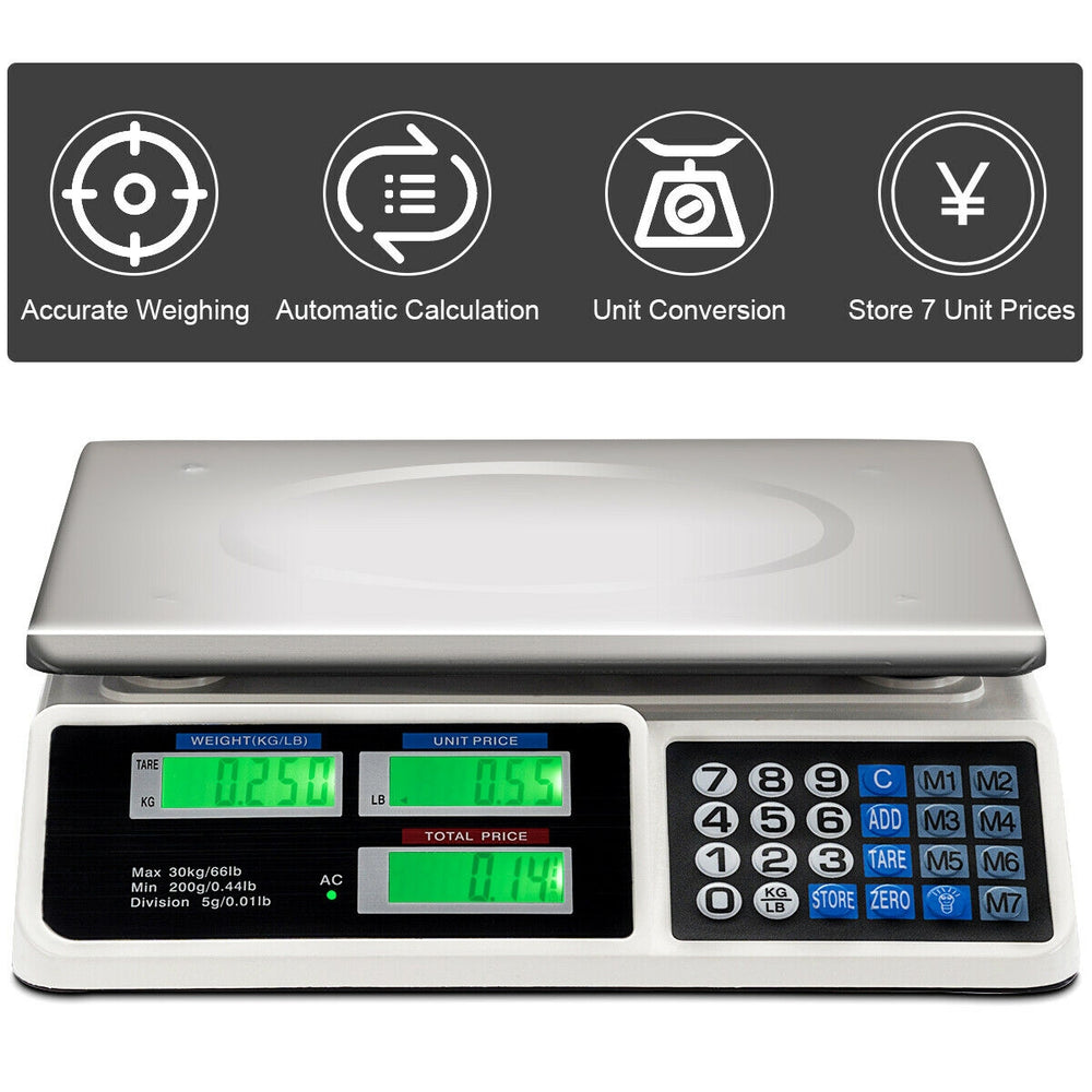 Top view of the 66 lbs electronic price computing scale with LCD display, showing buttons and functions for easy.